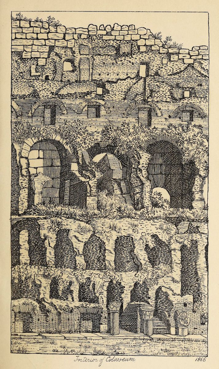Black and white illustration of the interior of the Colosseum, showing multiple levels of arched openings and stone structures.