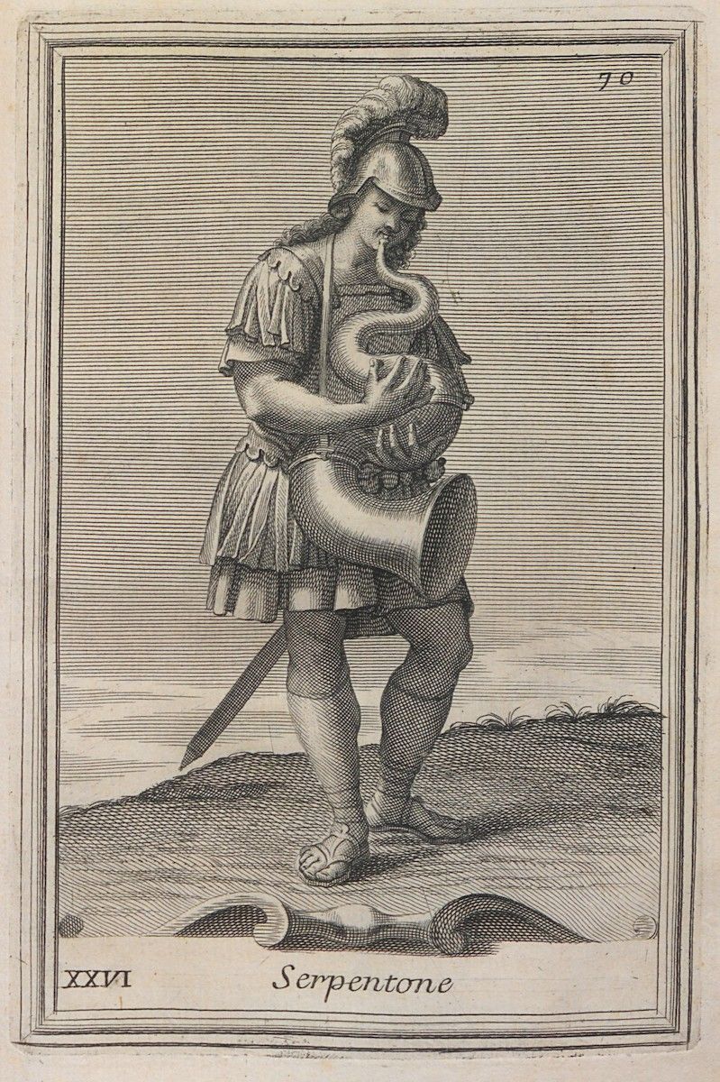 A black and white engraving of a man in Roman armor struggling with a large snake.