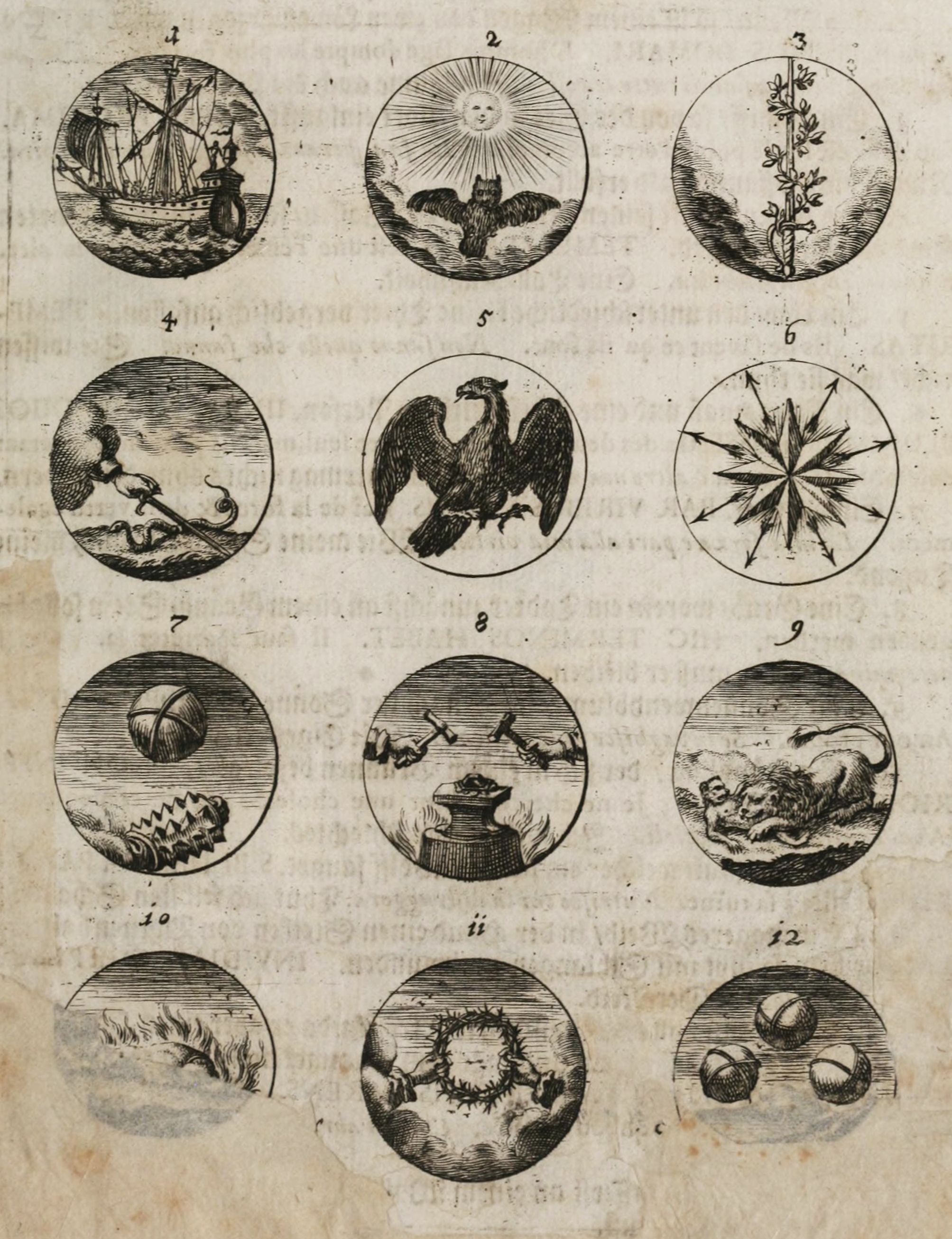 A vintage illustration featuring twelve circular vignettes arranged in a grid pattern on a textured, aged paper background.
