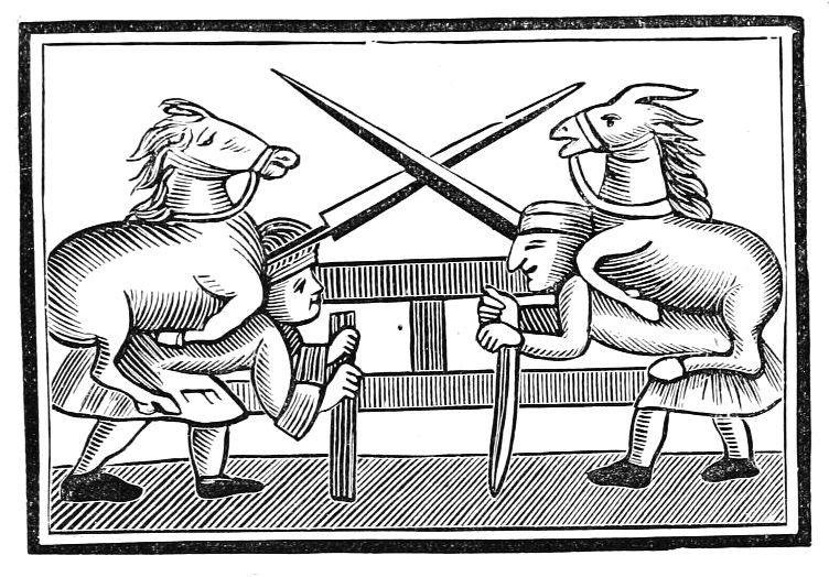 A black and white woodcut illustration of two figures with horse heads engaged in a duel with swords and shields.