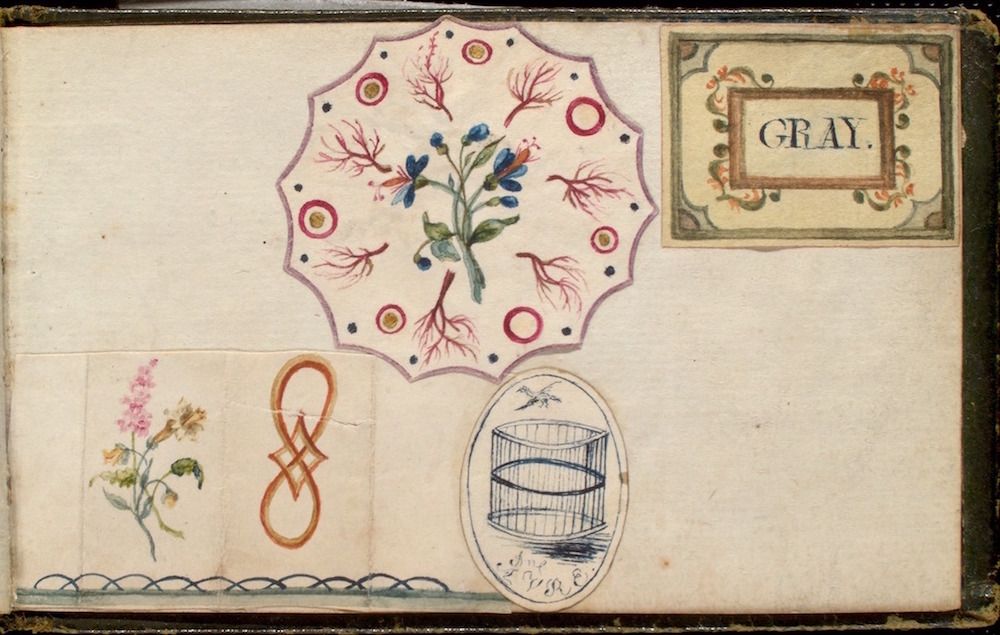 A page from a book or album decorated with hand-drawn and painted elements, including a floral arrangement, a label with the word "GRAY.", a birdcage, a knot, and a floral sprig.