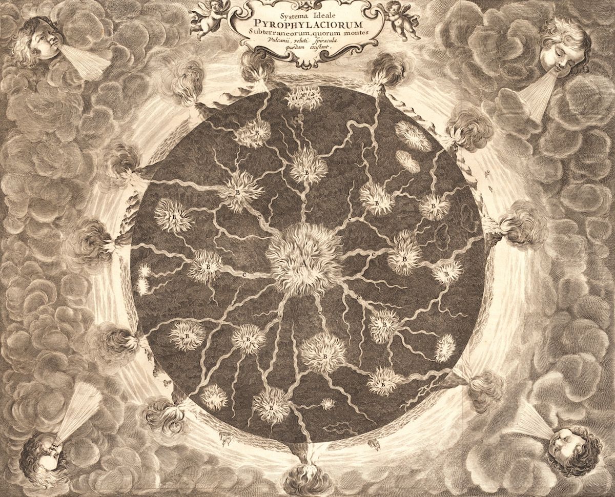 A detailed sepia-toned engraving or illustration with a central circular diagram of branching structures, surrounded by winged figures and ornate scrollwork.