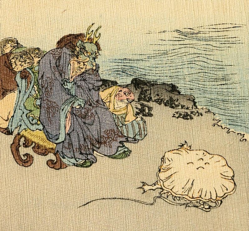 Vintage illustration of an elderly man looking at a jellyfish on a rocky shore.