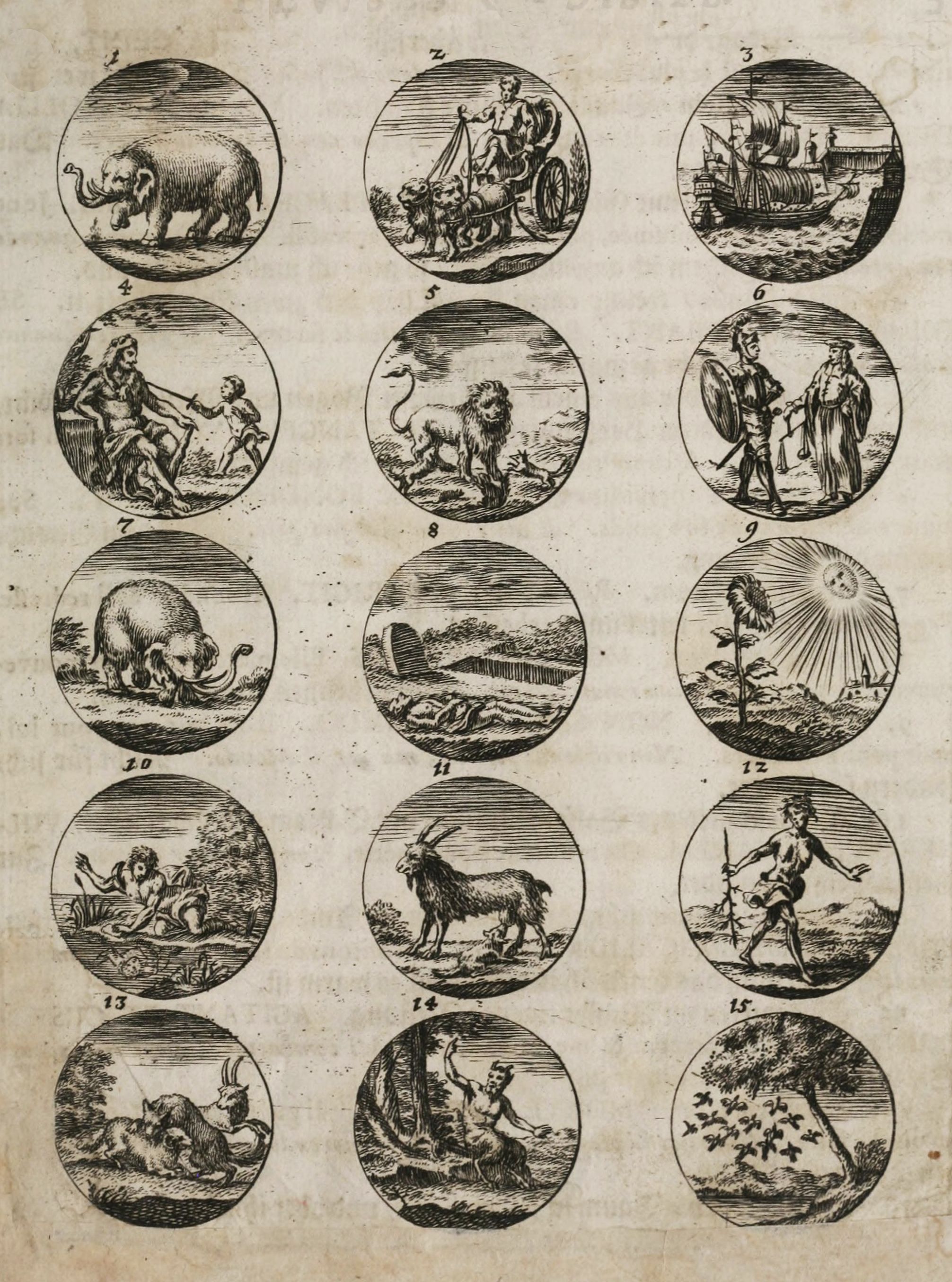 Vintage illustration of 15 circular vignettes with various symbols and scenes.