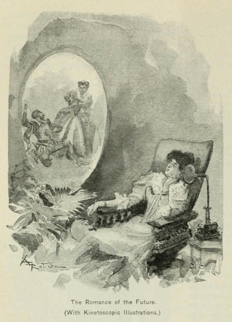 A vintage illustration titled "The Romance of the Future. (With Kinetoscopic Illustrations.)" depicts a woman reclining in a chair watching a projected image of a couple dancing.