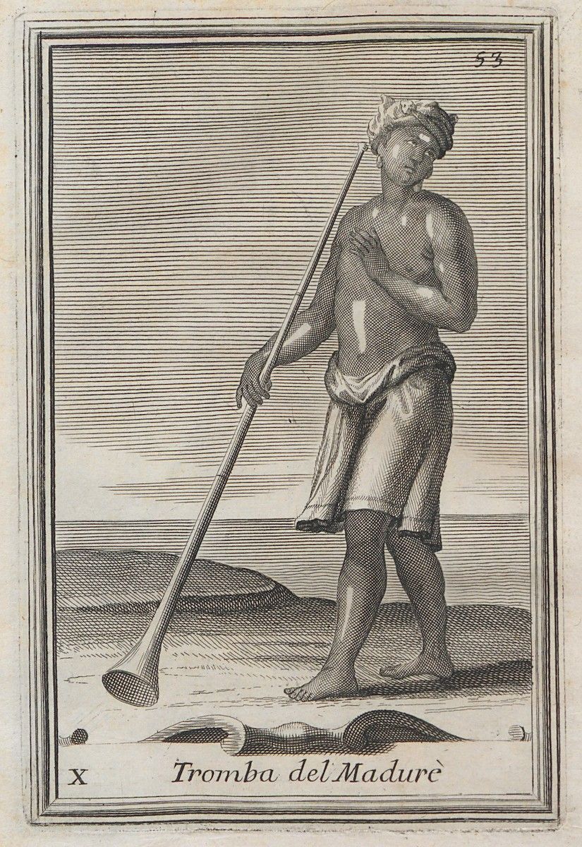 Vintage engraving of a man holding a trumpet on a beach.