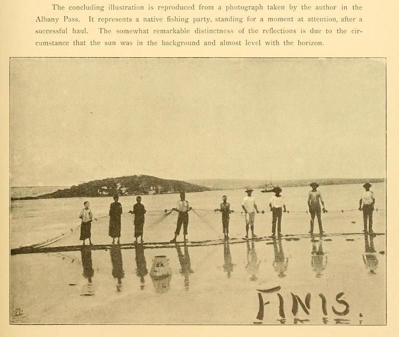 Vintage photograph of a fishing party standing on a wet beach, with reflections of the people and equipment in the wet sand. The word 'FINIS' is printed at the bottom of the image.