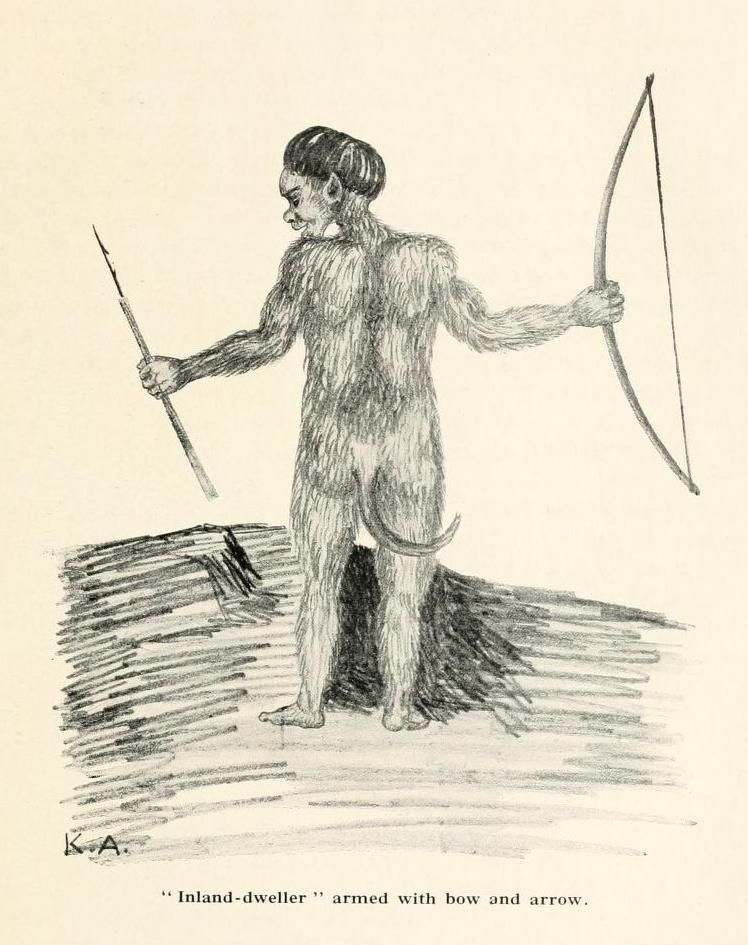 Vintage illustration of an "Inland-dweller" with a bow and arrow, and a tail.