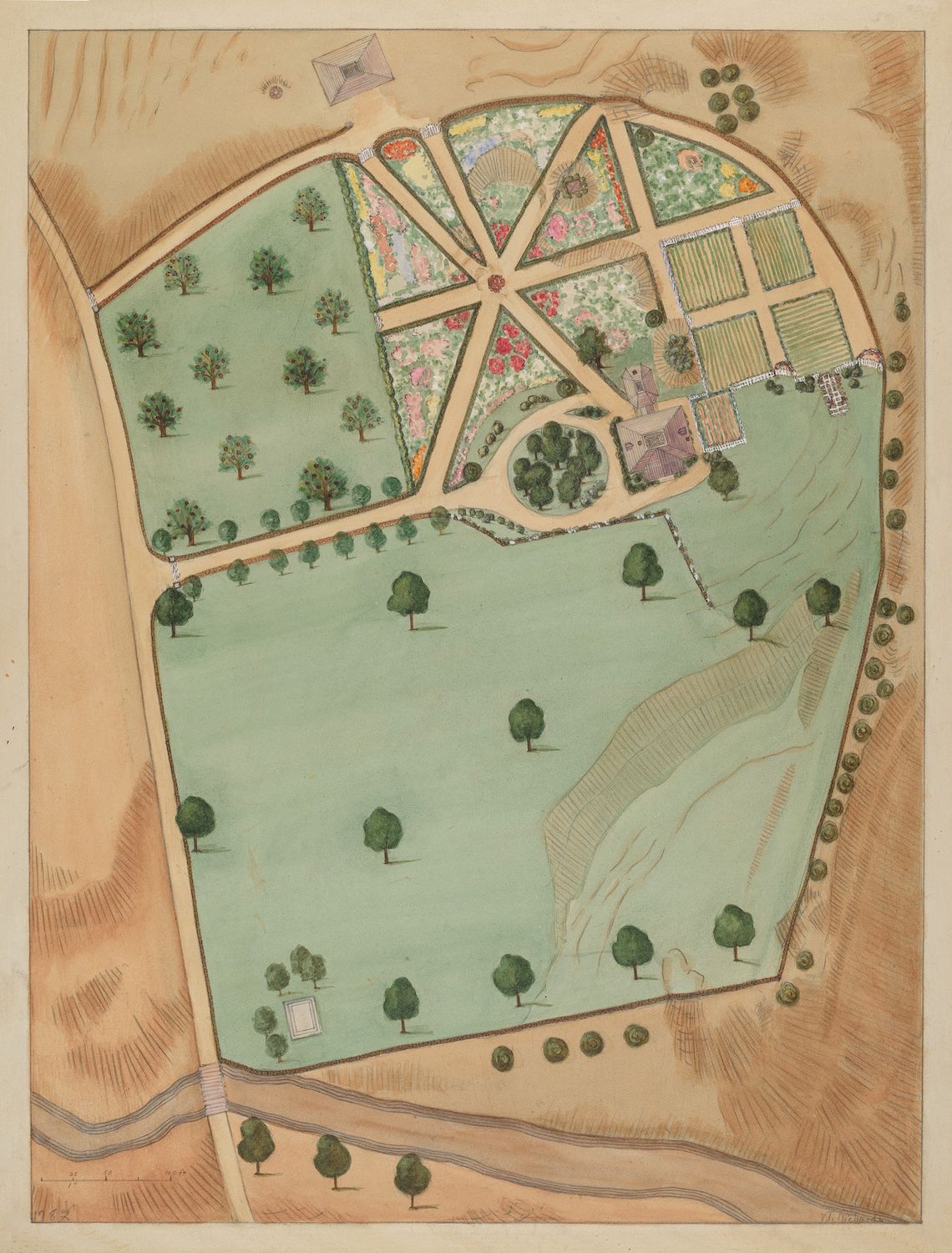 Aerial view of a formal garden with geometric flowerbeds, a large lawn, and surrounding trees.