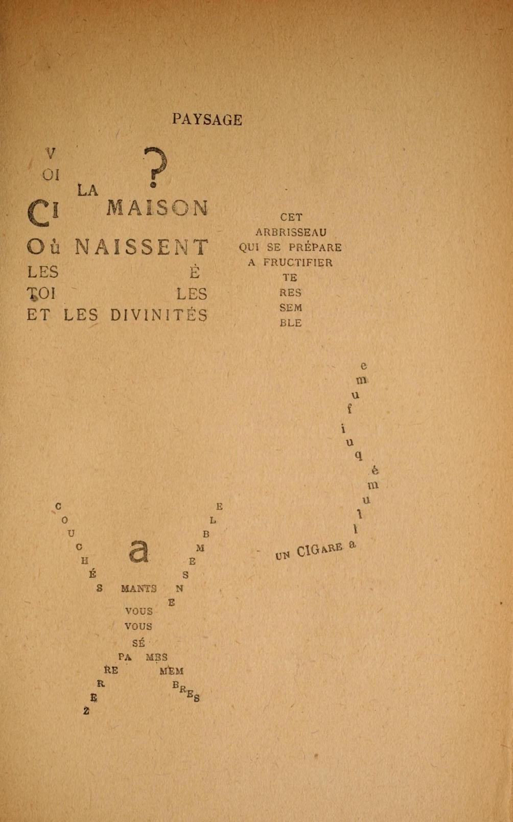 A page of French text with a scattered, artistic arrangement of words.