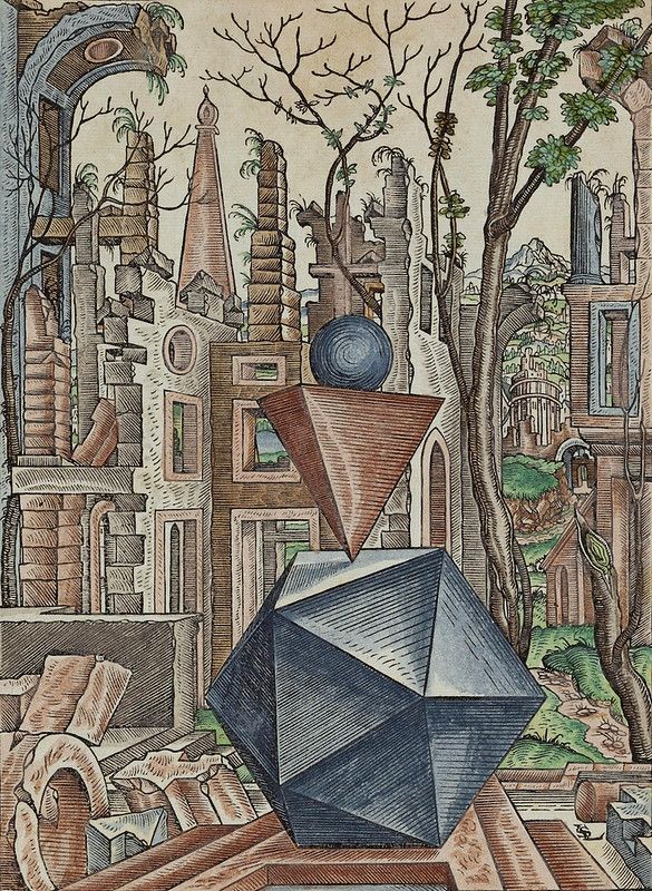 A detailed engraving of a surreal landscape with geometric solids and architectural structures.