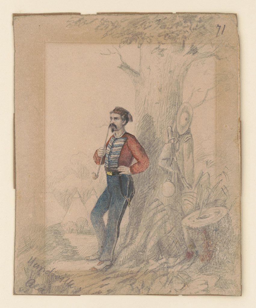 A sketch of a man standing in front of a tree, with a faint depiction of another person and a small table nearby.