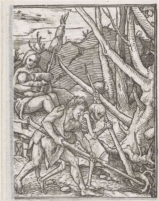 A black and white woodcut print depicting a man fighting a skeleton while a woman cradles a baby and a dense forest looms in the background.