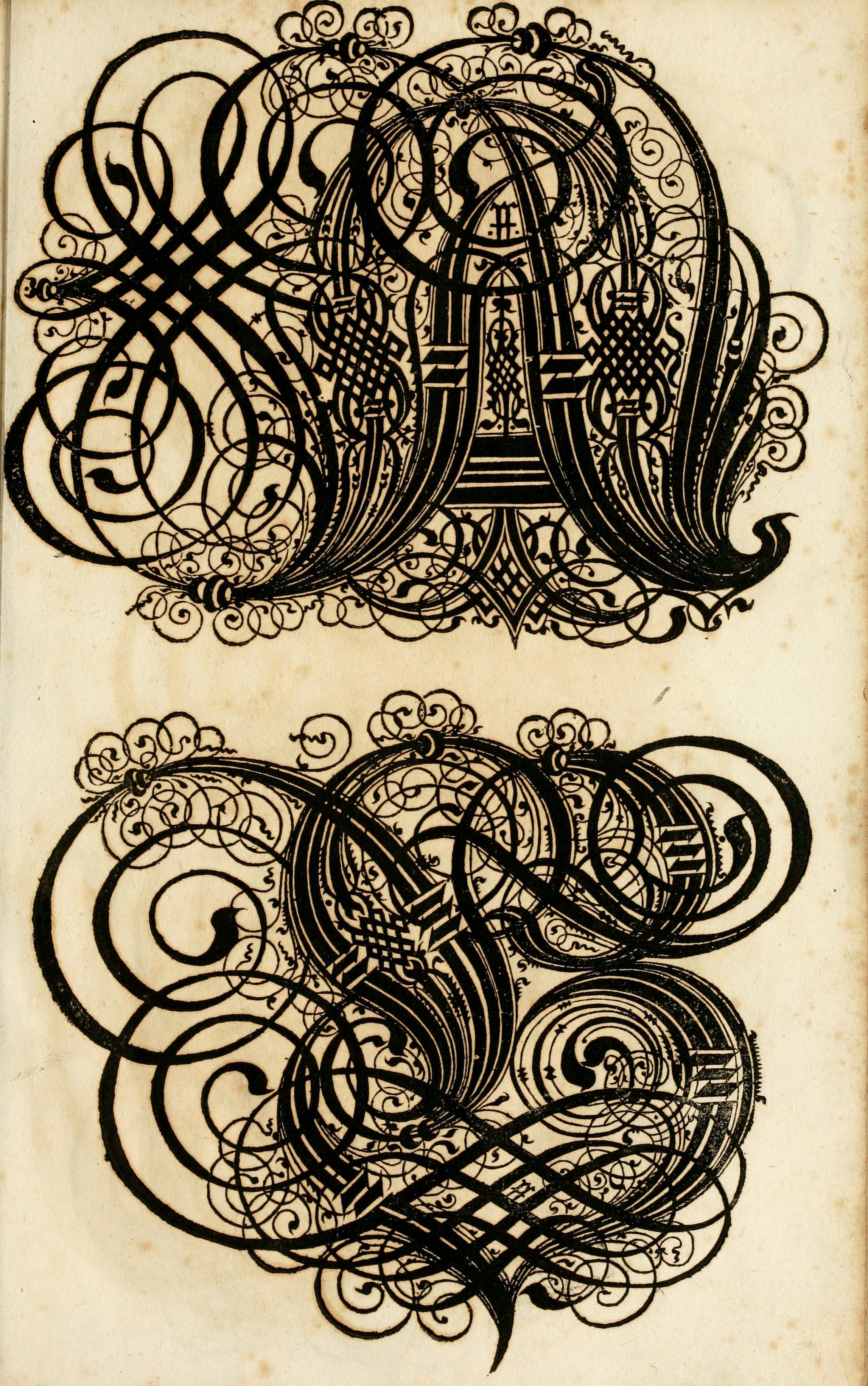 Two ornate, black ink designs on a cream-colored, aged paper background, resembling elaborate initials or monograms.