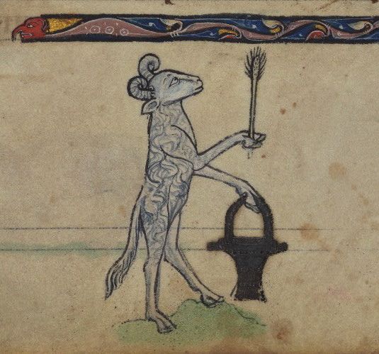 Medieval manuscript illustration of a ram holding arrows in front of a pot.