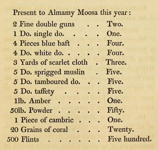 A historical document listing gifts or provisions, with items and quantities neatly arranged in columns.