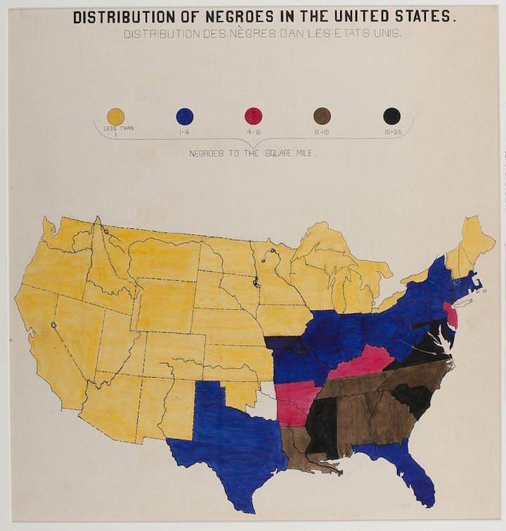 A historical map of the United States showing the distribution of African Americans by density per square mile, with color-coding indicating different population concentrations.