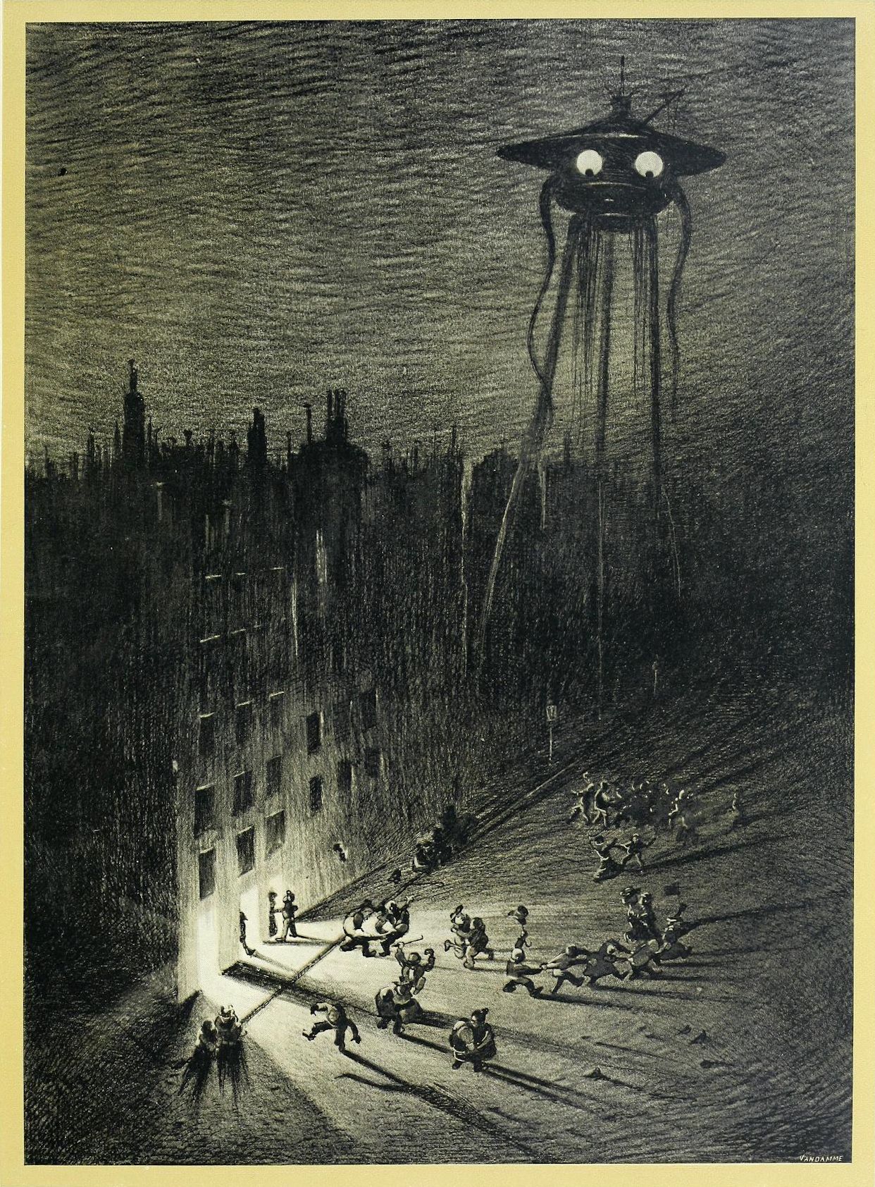 A black and white illustration of a city under attack by a large, tentacled flying object. People are fleeing in panic as a bright light shines down from the object.