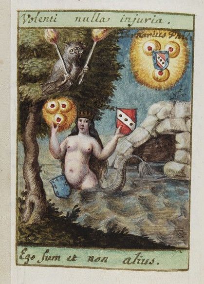 A colorful illustration of a nude woman holding shields, with a monster hanging from a tree and radiant suns in the background. Latin phrases are written above and below the image.