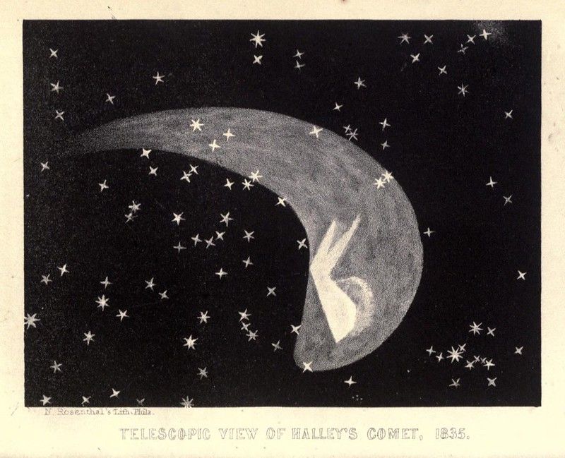 A vintage lithograph depicting a telescopic view of Halley's Comet as it appeared in 1835.