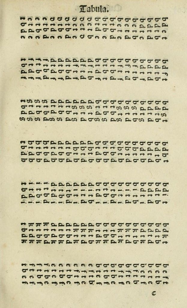 A page from an old book with dense, repetitive text arranged in a grid-like pattern.