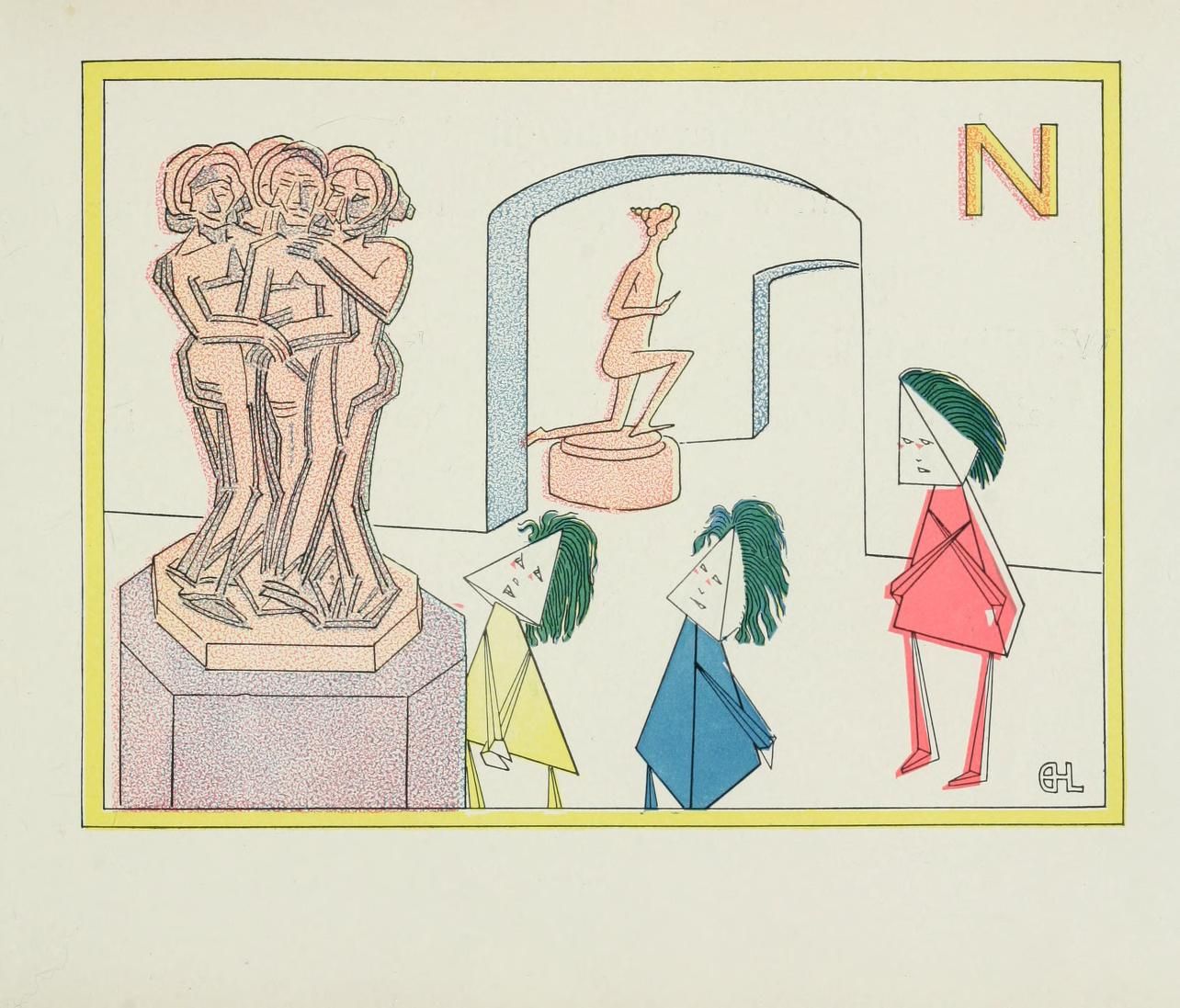 A whimsical illustration of an art gallery scene with geometric figures observing sculptures.