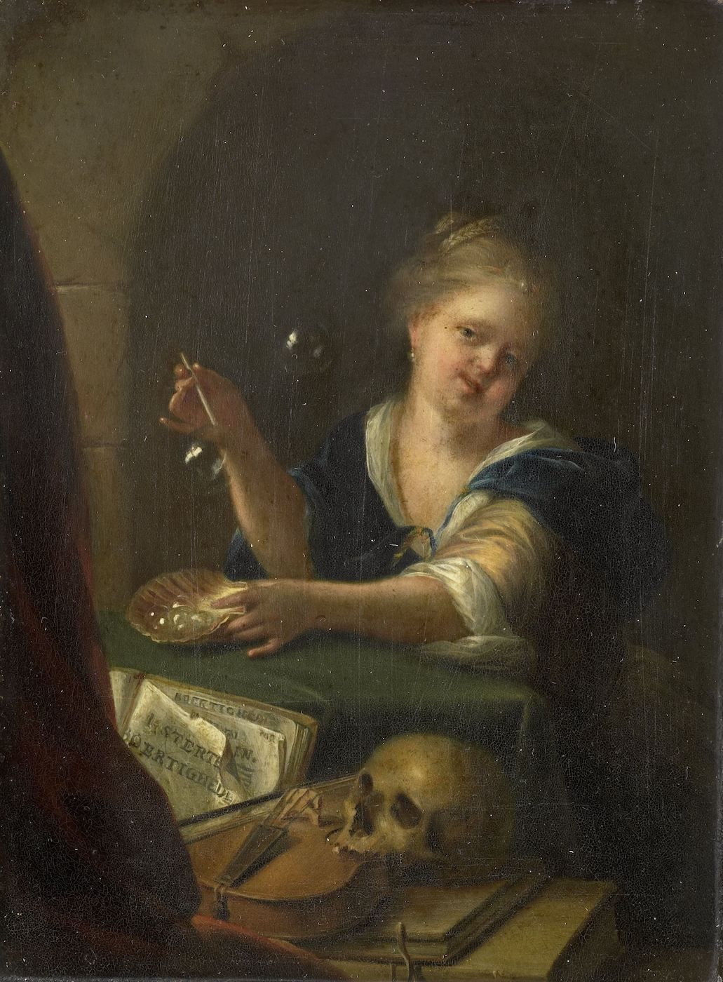 A painting of a young woman painting in a dimly lit studio, with a skull and hourglass in the foreground.