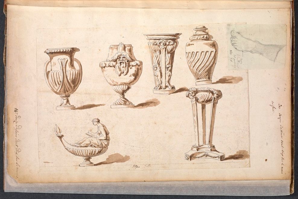 A sepia-toned sketch on aged paper, featuring a collection of classical vases and urns.