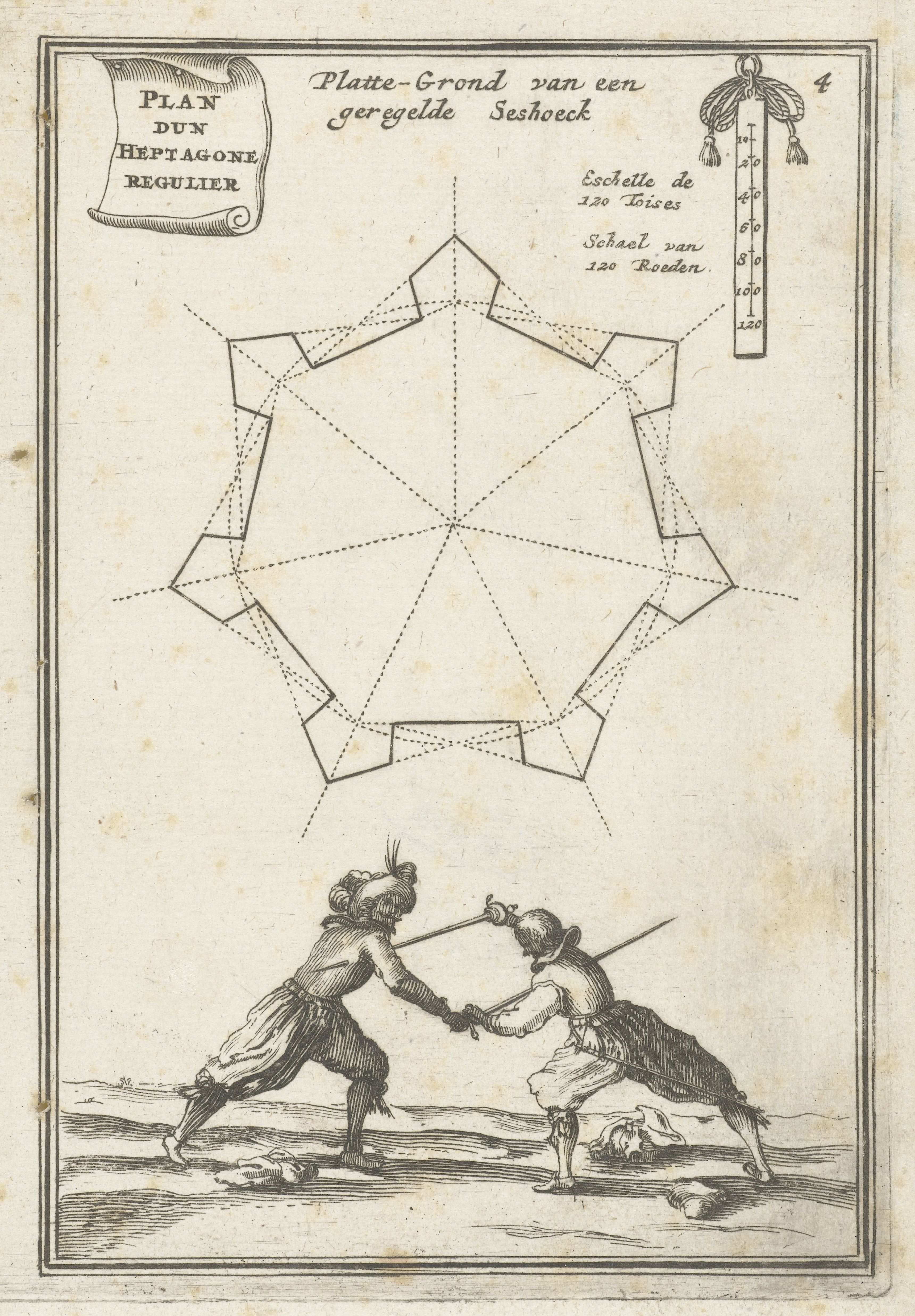 A vintage black and white engraving depicting a geometric diagram of a regular heptagon and a duel between two men with swords.
