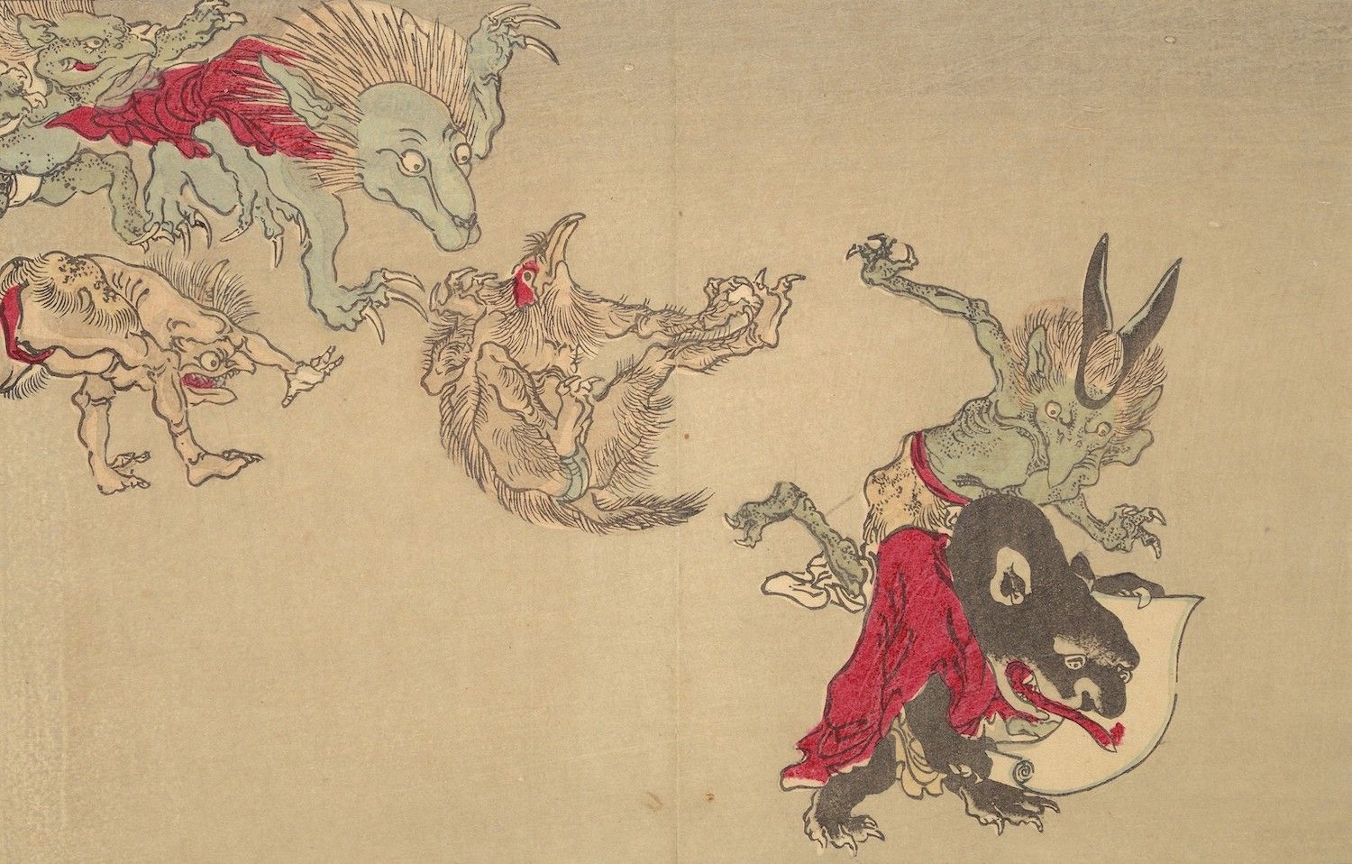 Vintage woodblock print of a series of fantastical creatures in motion, rendered in black ink with touches of red against a warm yellow background.