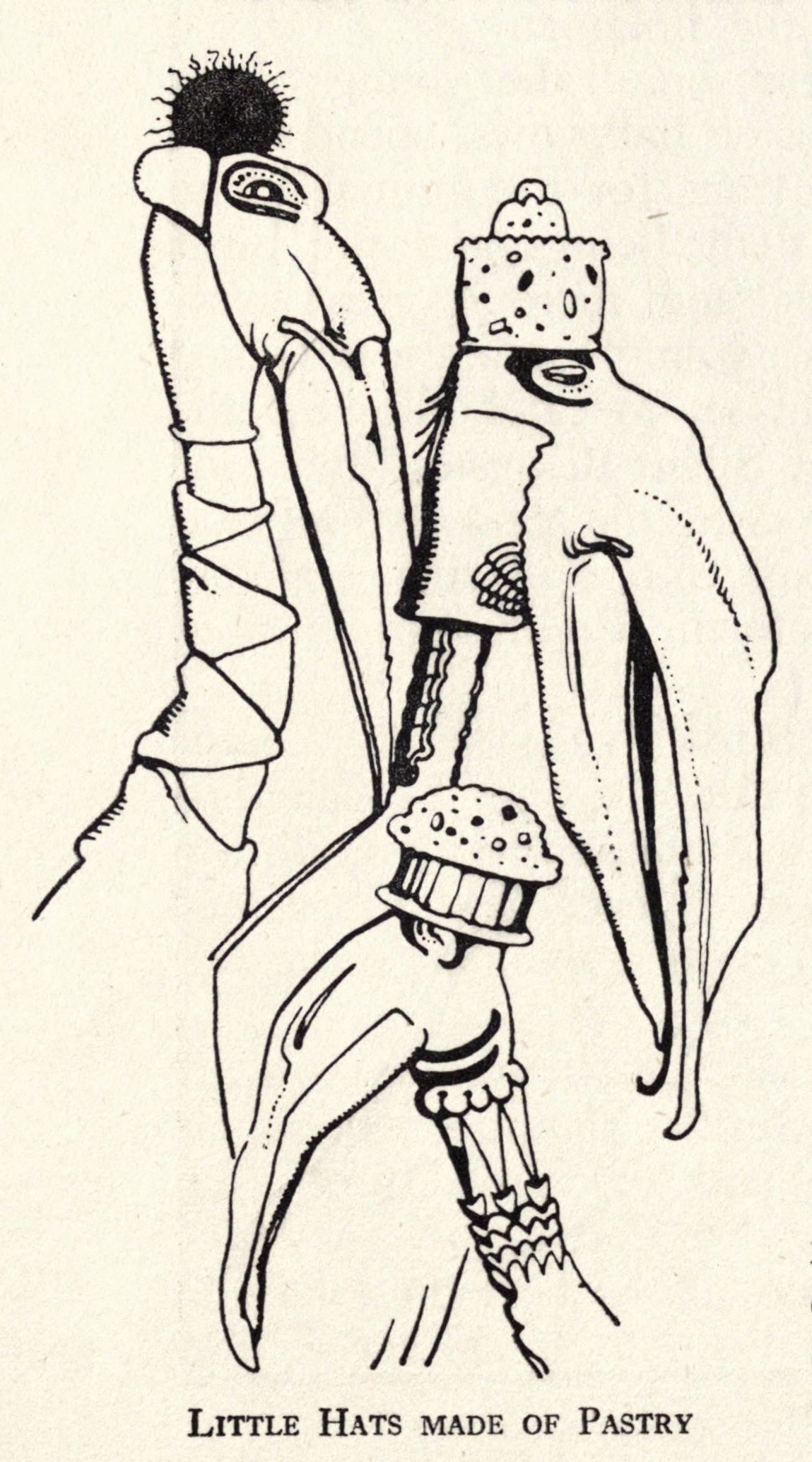 A black and white illustration of three tall, slender figures wearing hats made of pastry.