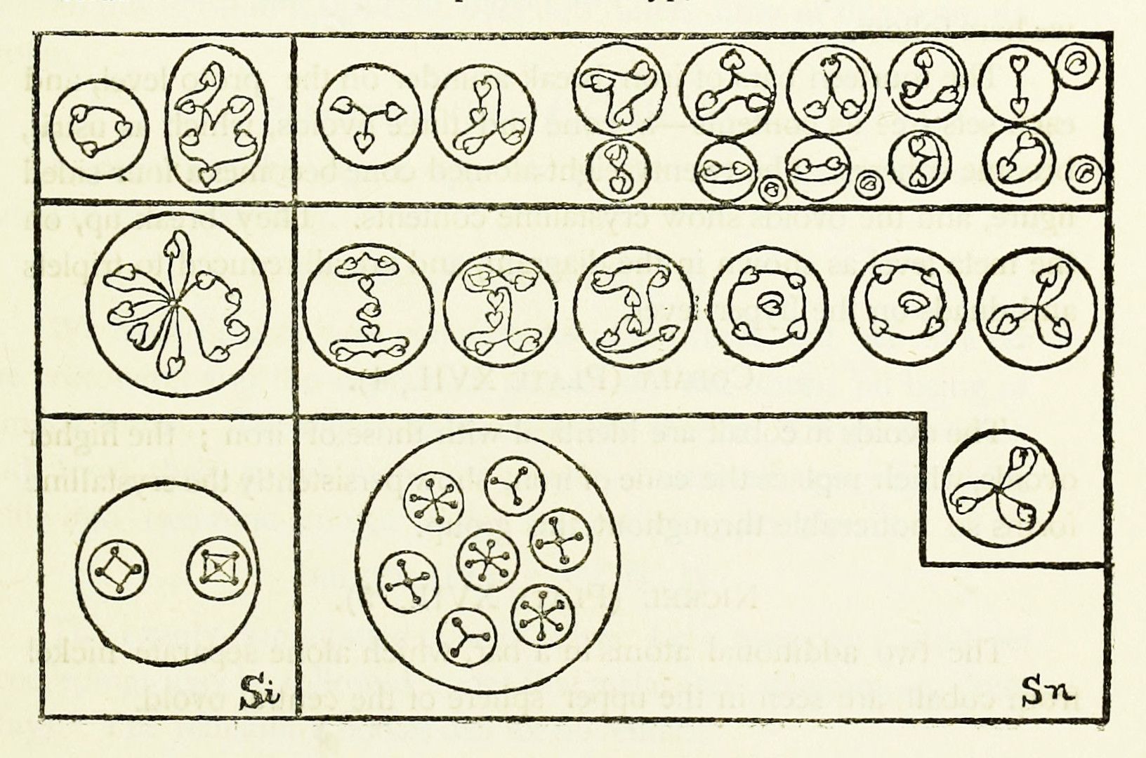 A vintage scientific diagram with a grid of circular cells, each containing a unique line drawing. The bottom left corner is labeled 'Si' and the bottom right corner is labeled 'Sn'.