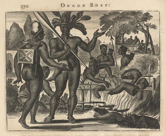 A black and white engraving depicting a scene of indigenous people around a fire, with two prominent figures in the foreground and a group of others tending to the fire or preparing food.