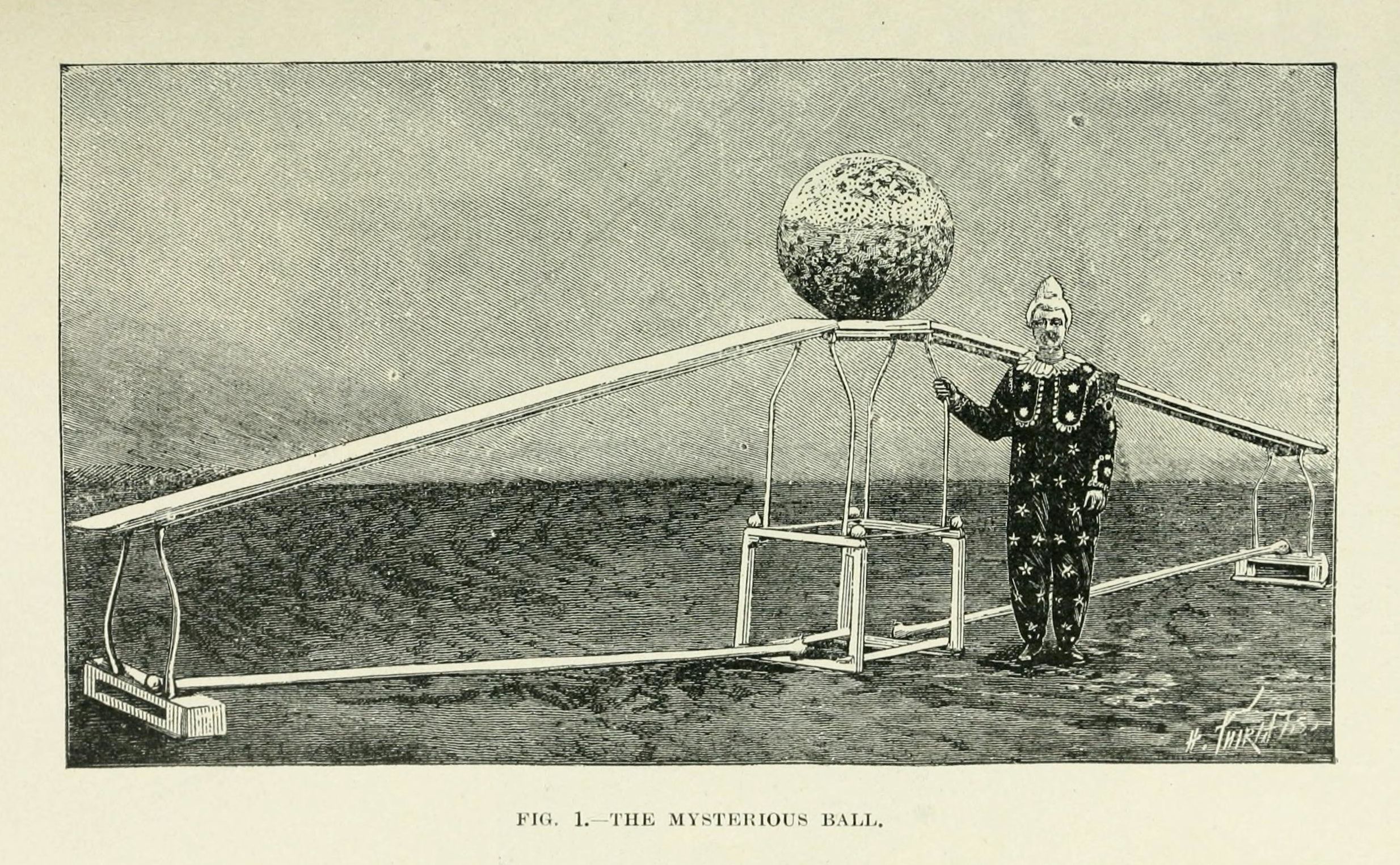 Vintage illustration of a magician performing 'The Mysterious Ball' trick with a large patterned ball suspended in mid-air above a complex metal structure.