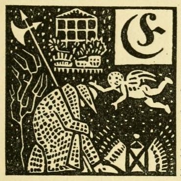 A black and white woodcut-style illustration with a patterned figure, two reaching human figures, a tree, and a building.