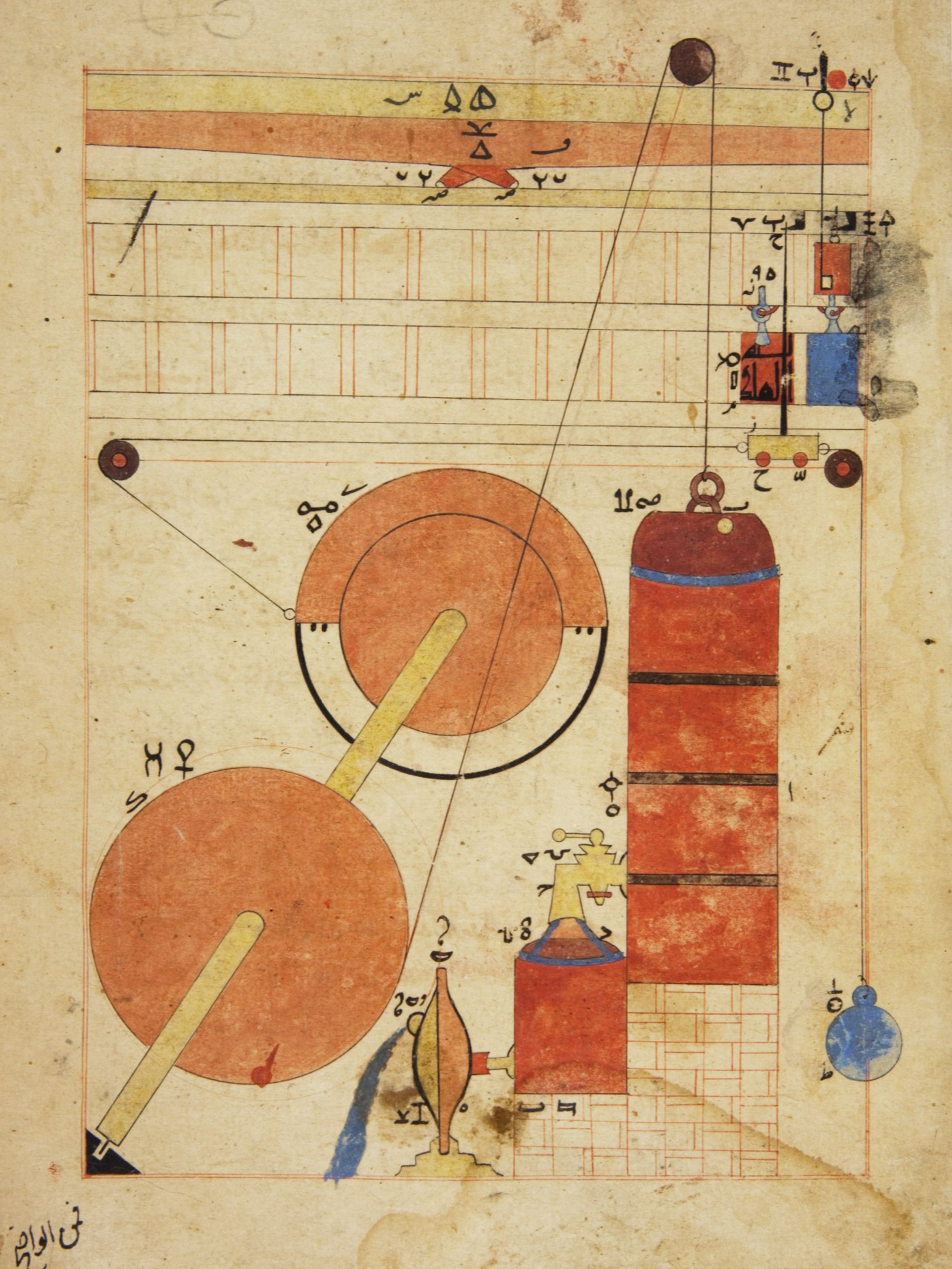 A page from an old manuscript with a complex diagram of circles, cylinders, lines, and symbols.