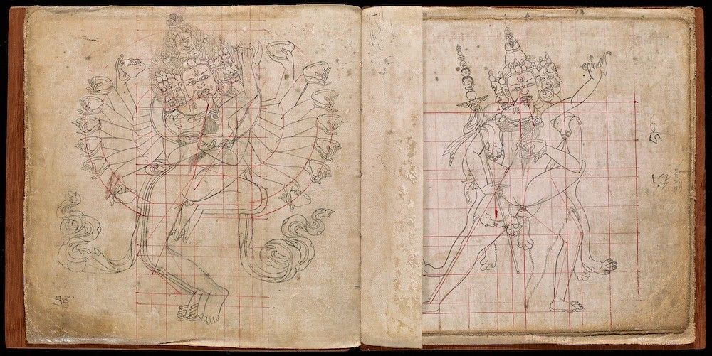 Open book with two pages featuring detailed sketches of multi-armed deities with a red grid system overlaid on the drawings.