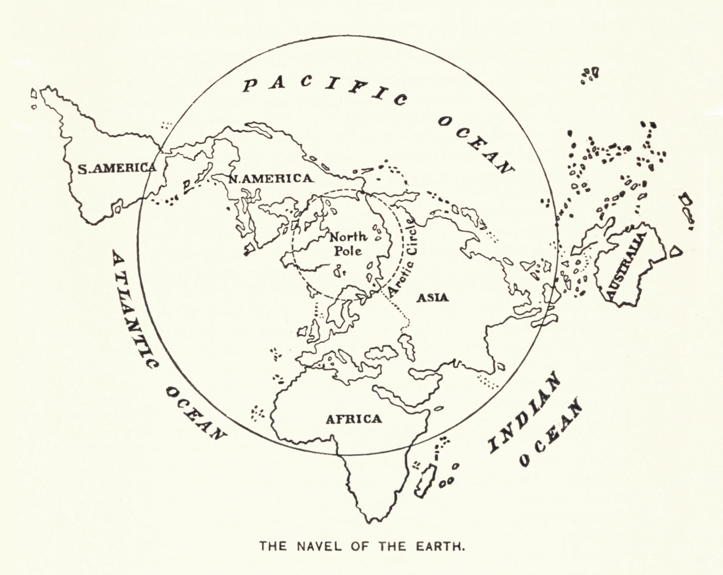 Vintage map of the world in a circular format, labeled with continents and oceans, with the text 'THE NAVEL OF THE EARTH' below.