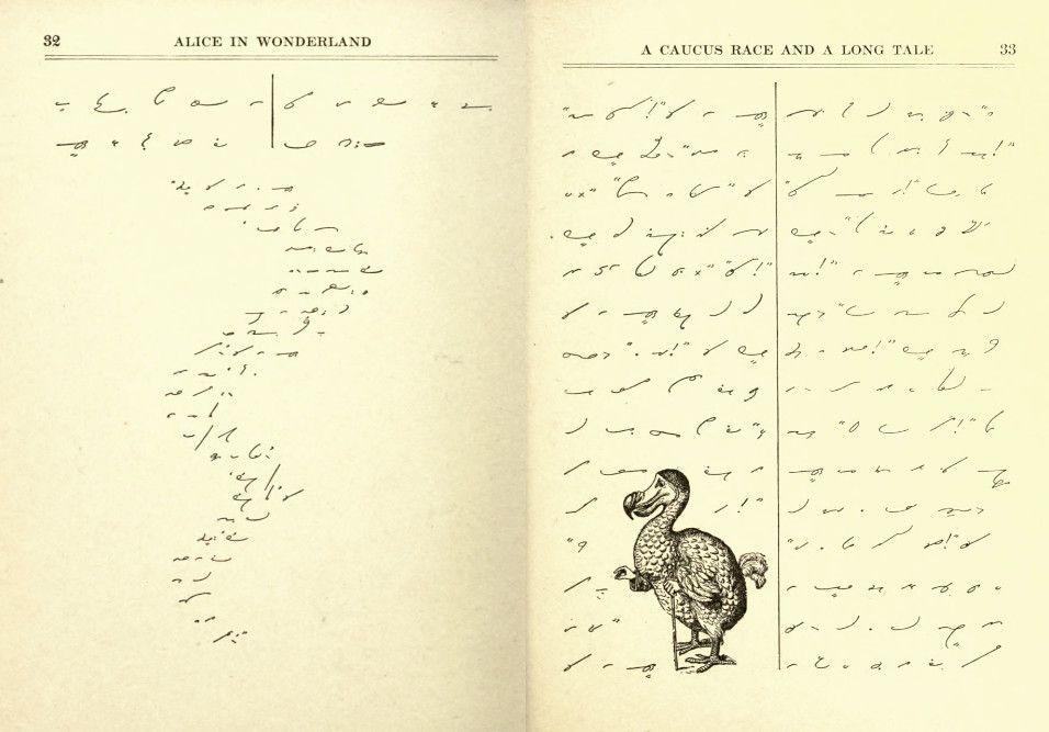Open pages of a vintage book, 'Alice's Adventures in Wonderland', filled with handwritten text and an illustration of a Dodo bird.