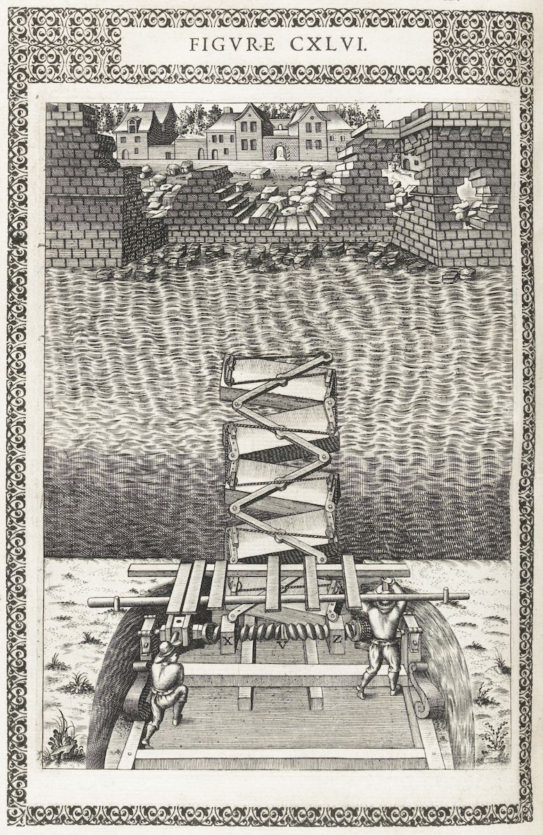 A black and white engraving of a castle with a complex mechanical ladder device in front of it, operated by two men on a wheeled platform.
