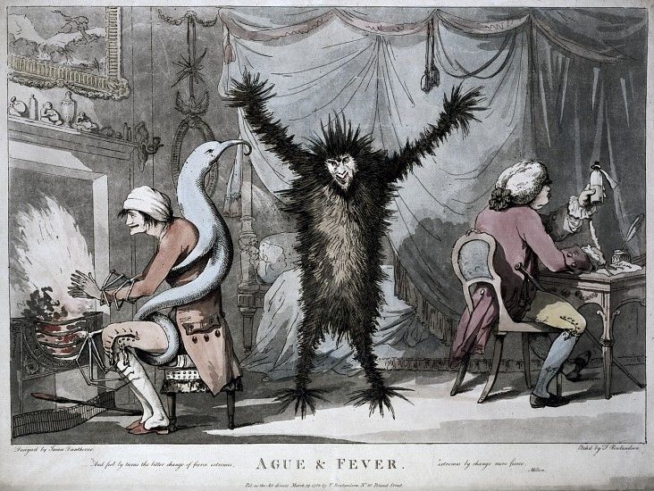 A hand-colored etching titled "Ague & Fever" by Thomas Rowlandson, published in London in 1796. It depicts a scene of illness and medical treatment in a well-appointed room.