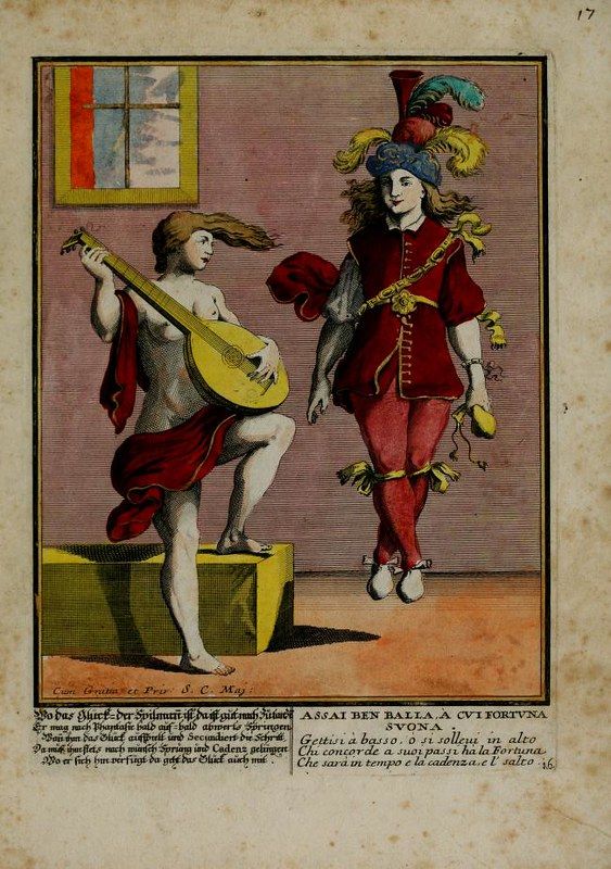 Vintage engraving of a musician and dancer on a stage.
