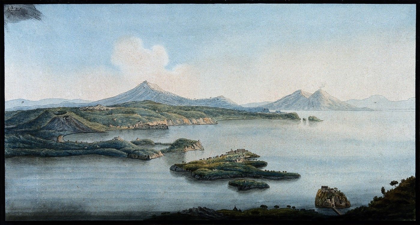 A landscape painting of a coastal scene with islands and mountains.