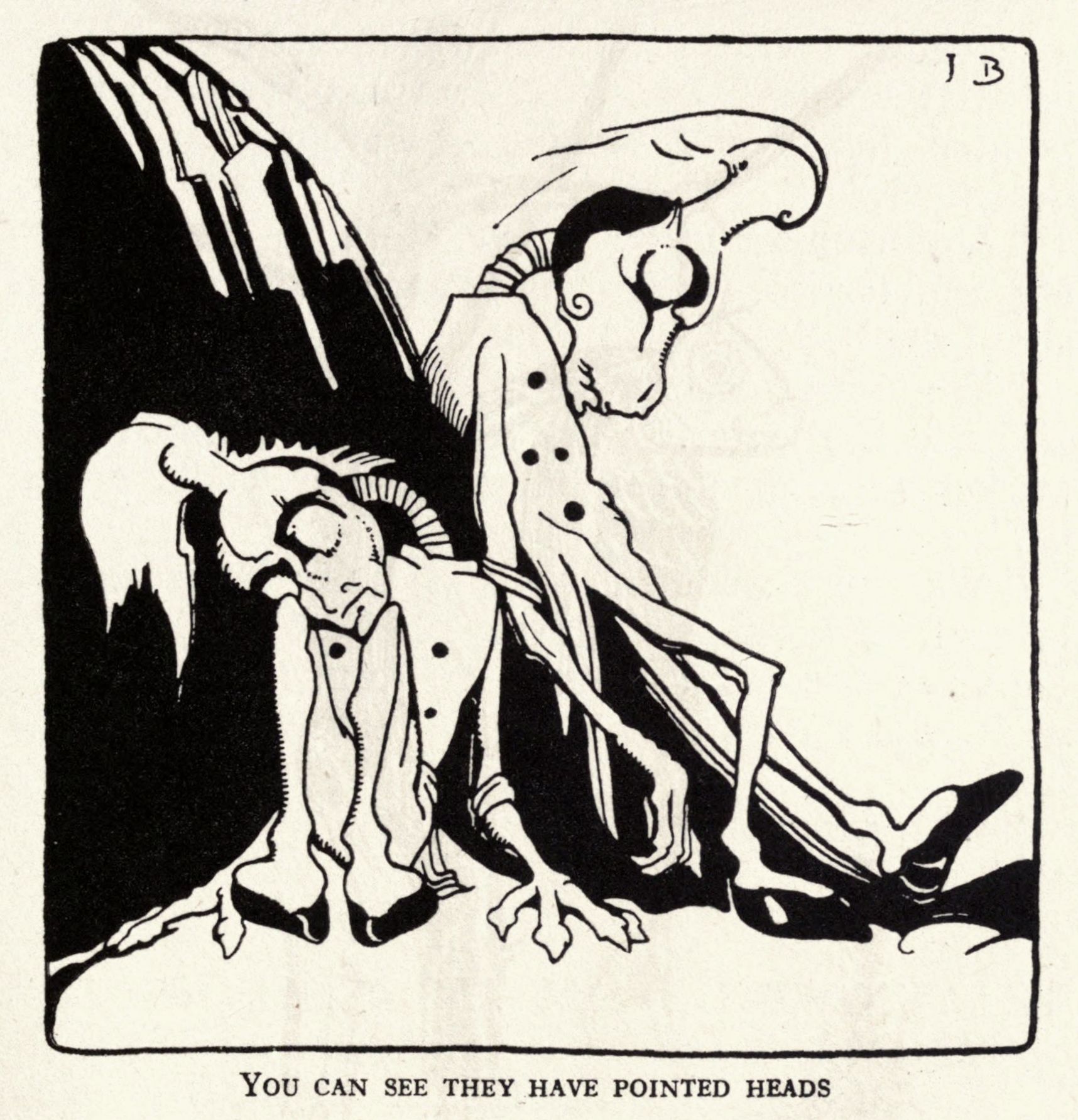 A black and white illustration of two figures with pointed heads standing near a tree. The text below the illustration reads: "YOU CAN SEE THEY HAVE POINTED HEADS".