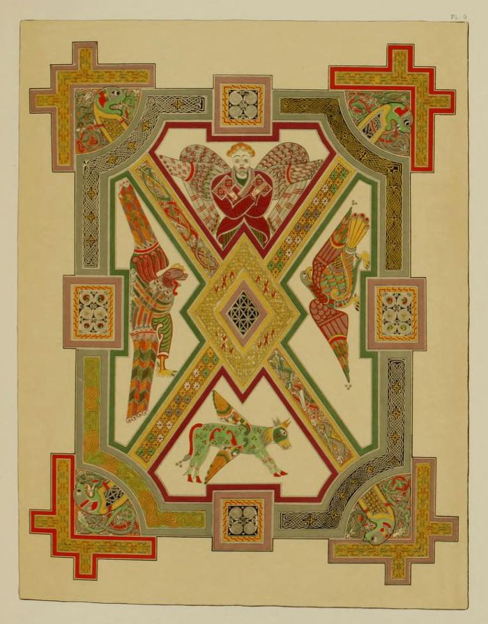A detailed, ornate illustration reminiscent of illuminated manuscripts, likely from the medieval period. It features a large, complex cross-shaped design dominating the center.