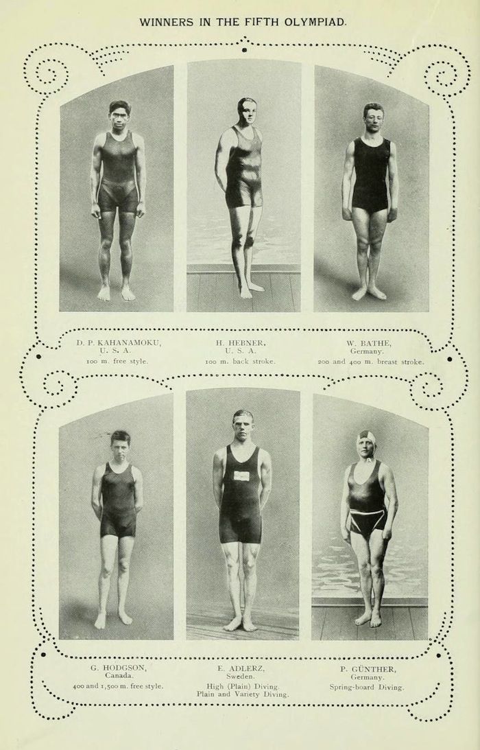 Vintage illustration of the winners of the Fifth Olympiad, featuring six male athletes in swimming and diving attire, each labeled with their name, nationality, and event.