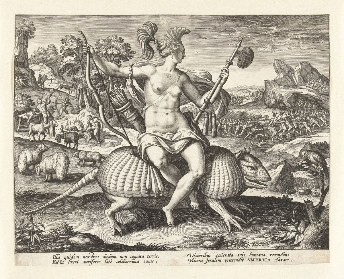 A black and white engraving depicting a woman riding a giant armadillo through a forest landscape.