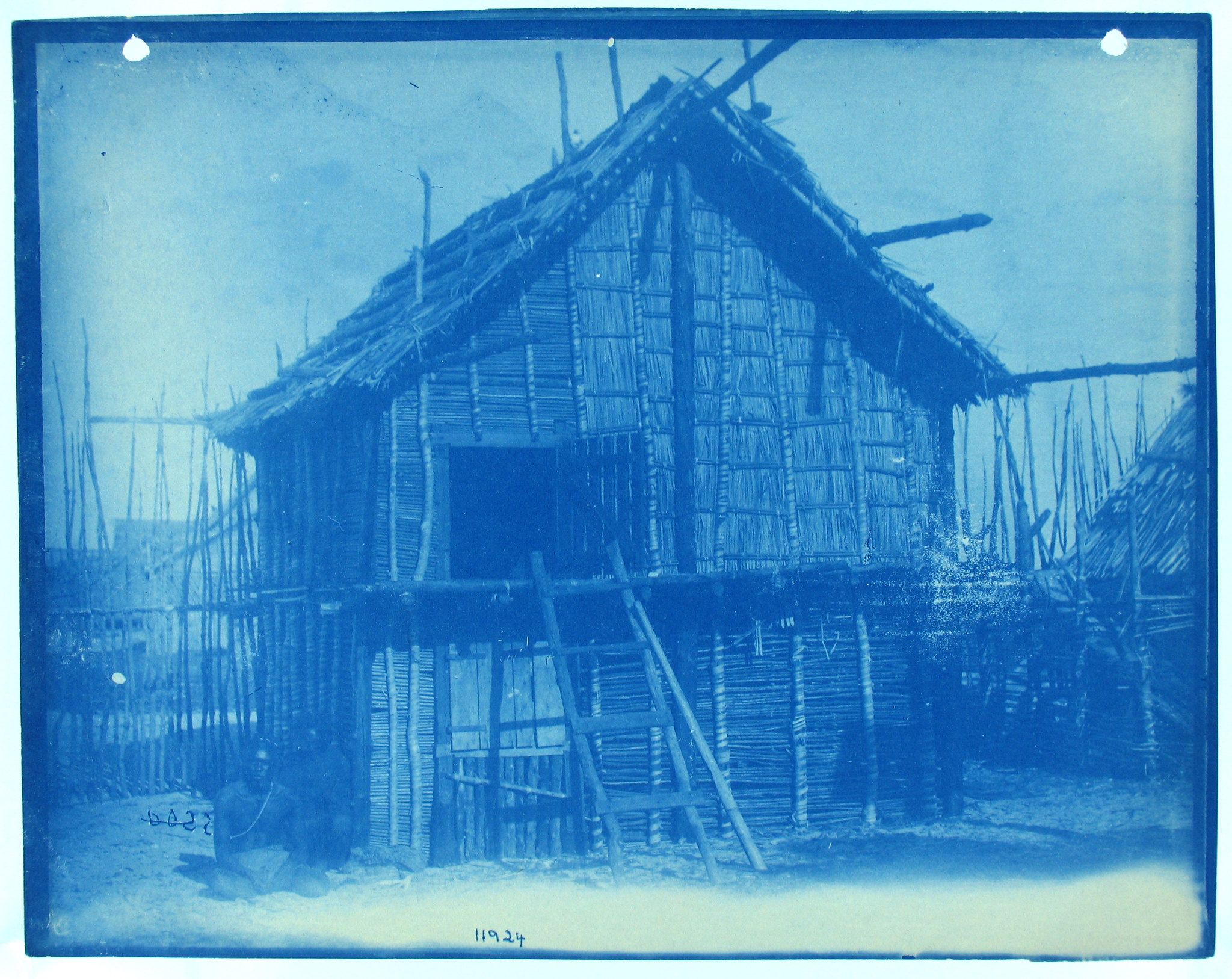 Cyanotype photograph of a rustic hut with a thatched roof and ladder leaning against it.