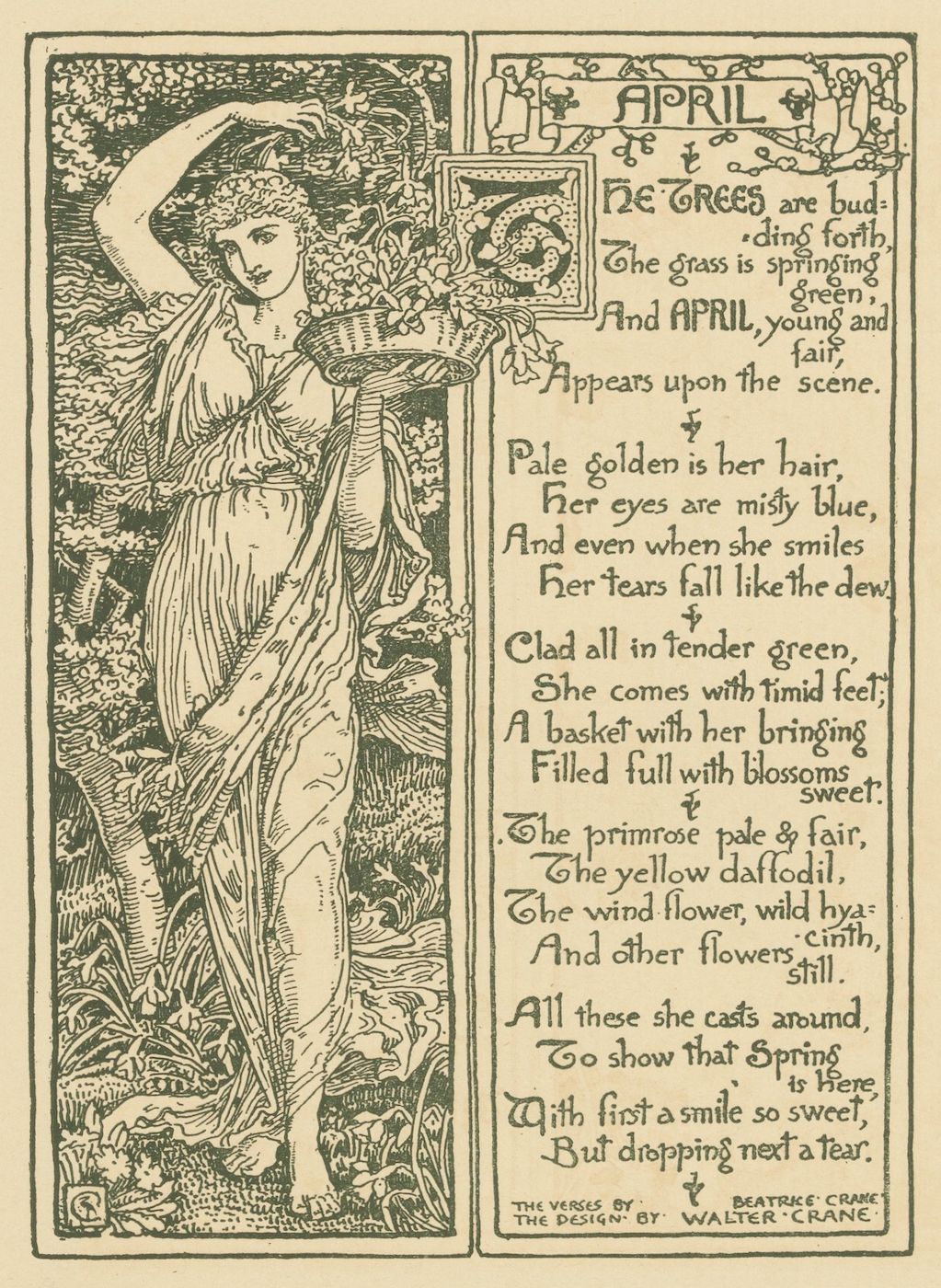 A vintage illustration of a young woman carrying a basket of flowers in a stylized natural setting. The image is in shades of green, brown, and gold, with intricate patterns and textures. The text reads: “The verses by Beatrice Crane. The design by Walter Crane.”