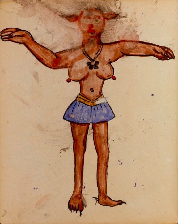 A full-body drawing of a humanoid figure with unusual anatomical features, including paw-like feet and claw-like hands, wearing a short blue skirt and a necklace.